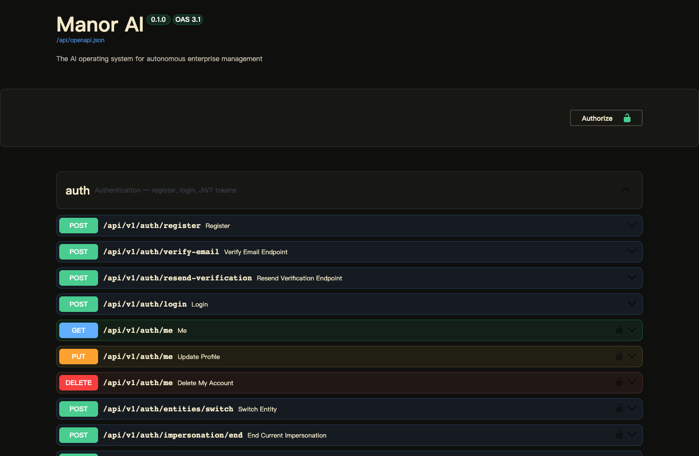 Manor AI OpenAPI reference with authentication endpoints