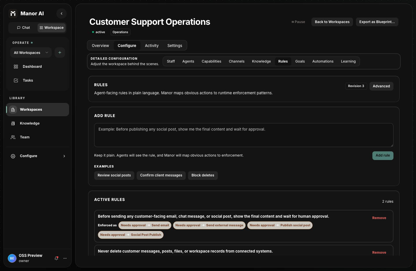Manor AI governance rules requiring approval for external messages and blocking destructive actions