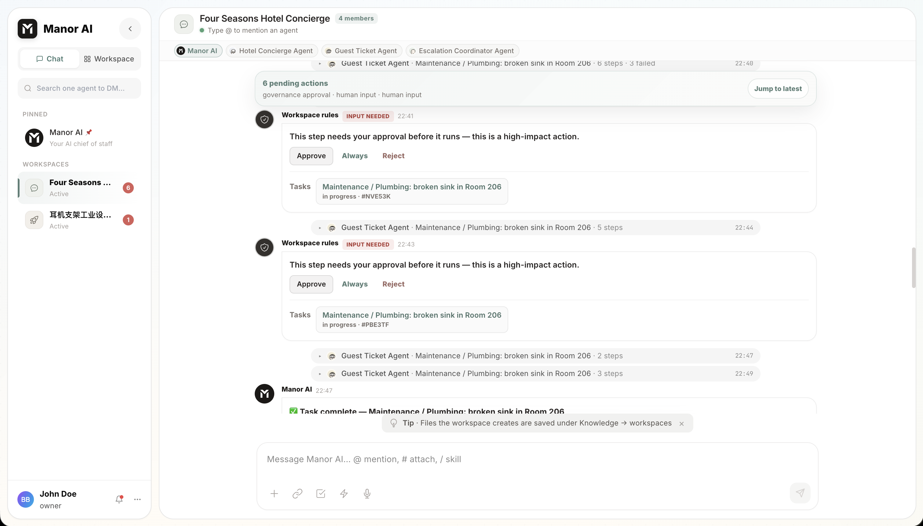 Manor AI chat approval prompts for high-impact governed actions