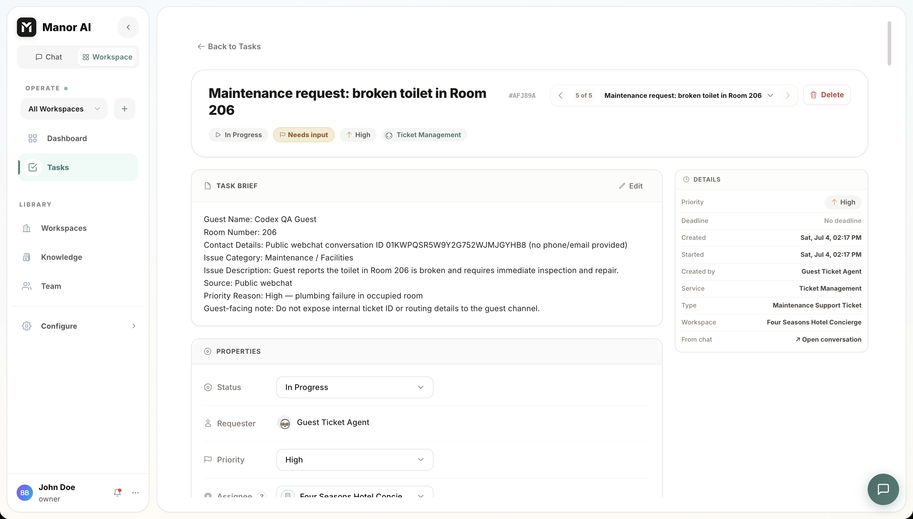 Manor AI task detail showing task status, priority, brief, and workspace metadata