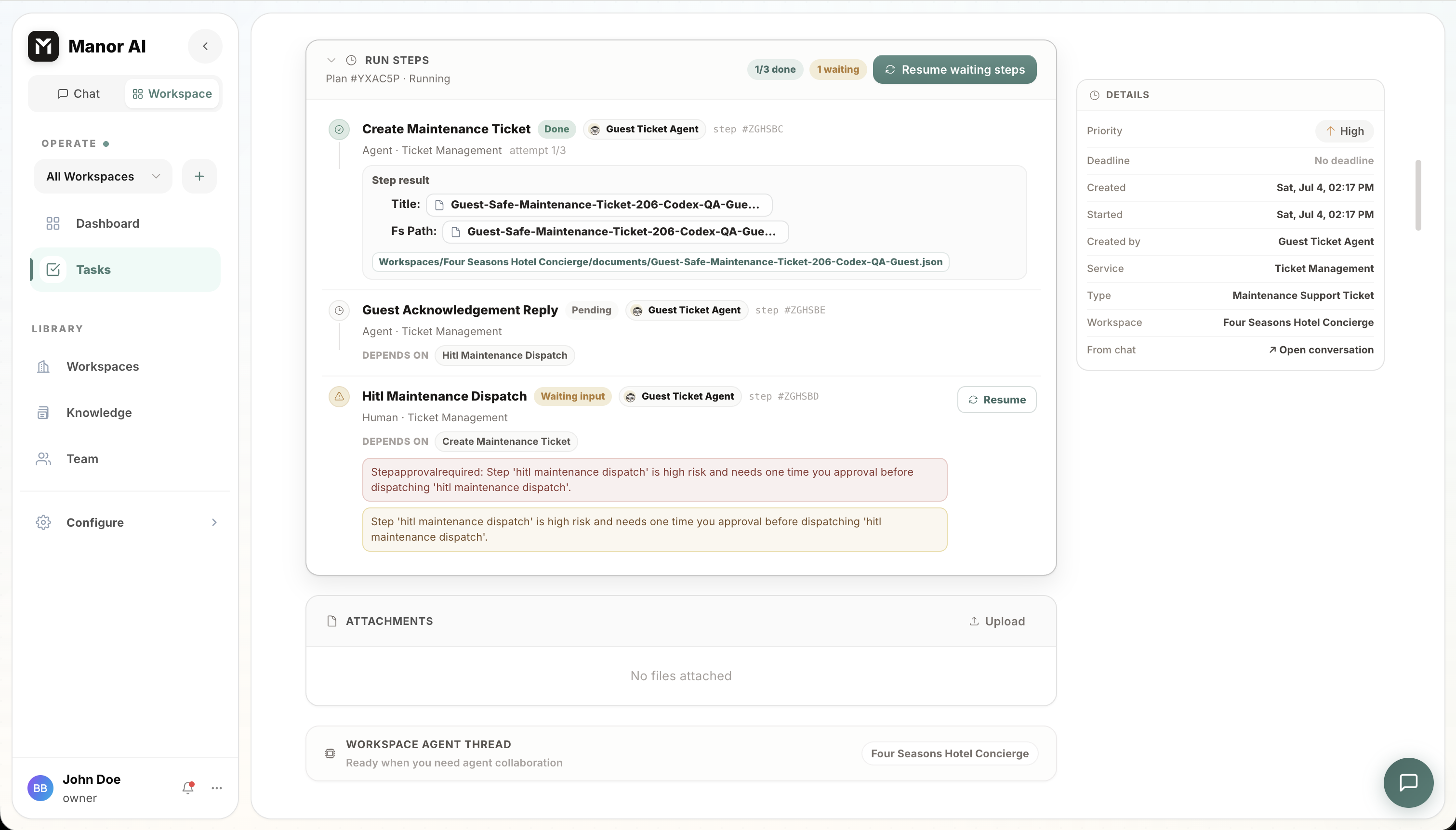 Manor AI task run steps showing completed agent output and a waiting human approval step