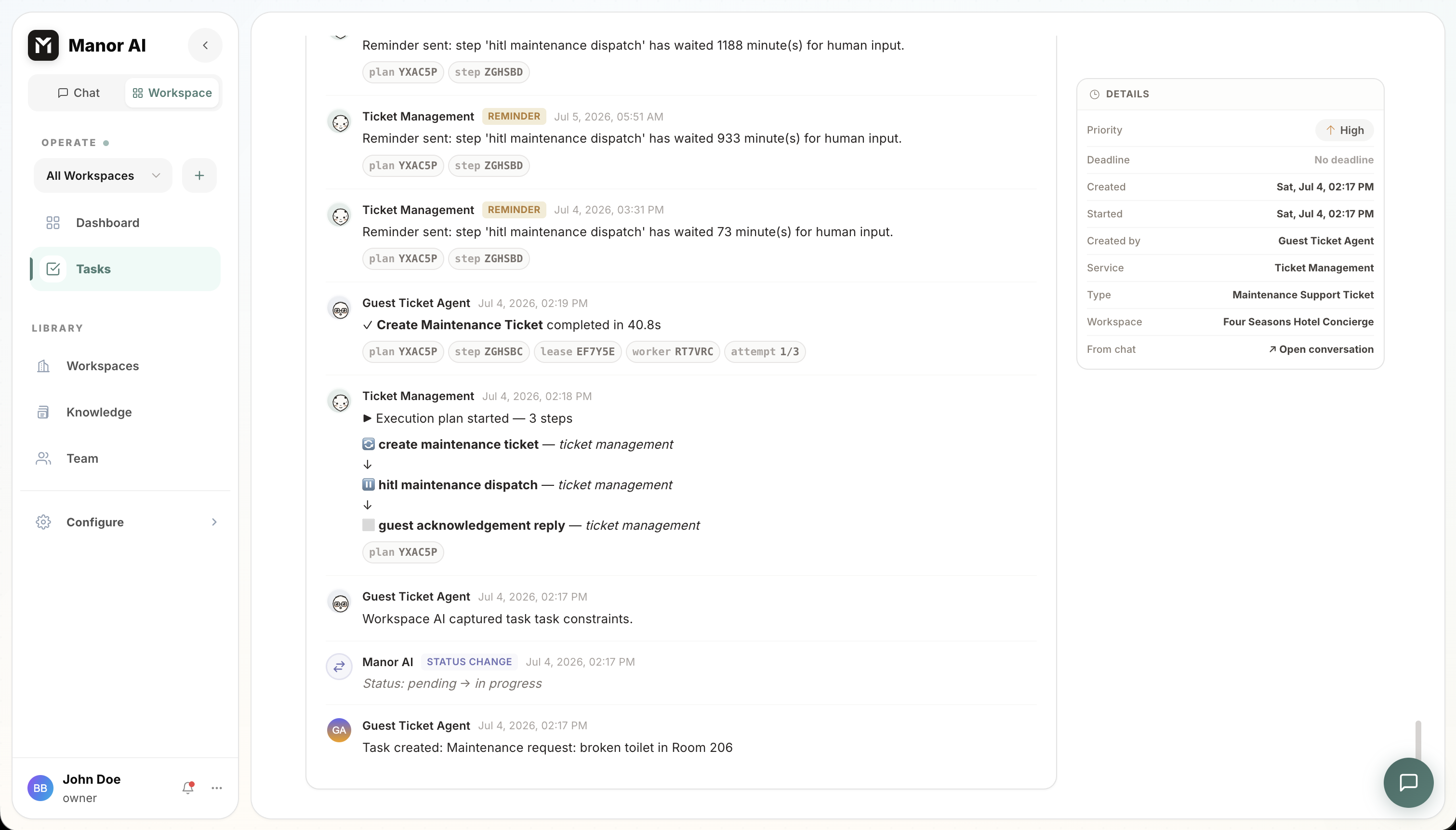 Manor AI task activity timeline showing execution steps, reminders, and status changes
